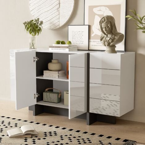 Credenza, buffet e madie 150x40x80,5cm con 4 cassetti 3 ante, mobile da cucina, MDF e truciolare, bianco e nero