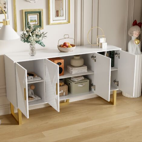 Credenza, buffet e madie 150x40x82cm con 4 ante, mobile cucina , maniglie e gambe dorate, ripiani regolabili in altezza, MDF e truciolare, bianco