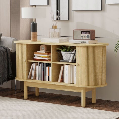 Credenza buffet madie 138x43x75cm con 2 ante scorrevoli, ripiani regolabili, mobile cucina, MDF, naturale-A