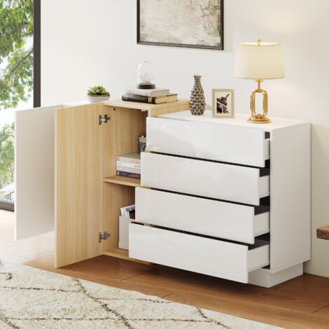 Credenza buffet madie 160x37x75cm 4 cassetti 2 ante, cassettiera, mobile cucina, MDF, bianco + naturale