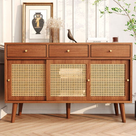 REDOM Credenza, cassettiera con 3 cassetti e 3 ante scorrevoli, intreccio in rattan sui frontali delle ante, gambe in legno massello, maniglia a nodo in metallo dorato, ripiani regolabili, colore noce, 120x