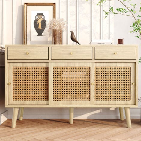 Credenza, cassettiera con 3 cassetti e 3 ante scorrevoli, intreccio in rattan sui frontali delle ante, gambe in legno massiccio, maniglia ad arco in metallo dorato, ripiani regolabili, rovere, 120x 40