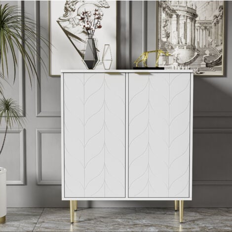 OKWISH Credenza con 2 ante, cassettiera, mobiletto da ingresso, per soggiorno, bagno e camera da letto, piedini e maniglia placcati oro, motivo floreale, verniciato, design angolare antiurto, 3 ripiani, 6 sc