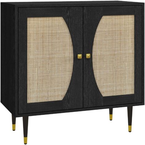Credenza con 2 ante e frontale in rattan in stile boho, con ripiano, 80×38×79 cm Nero
