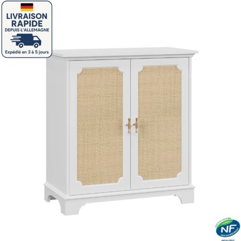 Credenza con 2 ante in rattan - bohemien chic - 80 x 38 x 86 cm - Ripiani regolabili - MDF - Legno certificato PEFC - Bianco