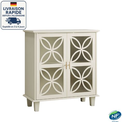 Credenza con 2 ante in vetro temperato - Decorazione con cornice a petalo - Bohemien chic - 80 x 38 x 87 cm - Ripiani regolabili - MDF - Legno certificato PEFC - Crema