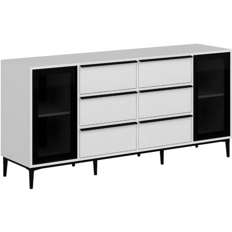 Credenza con 2 ante in Vetro temperato e 6 cassetti Bianco e Nero - MOLINIA