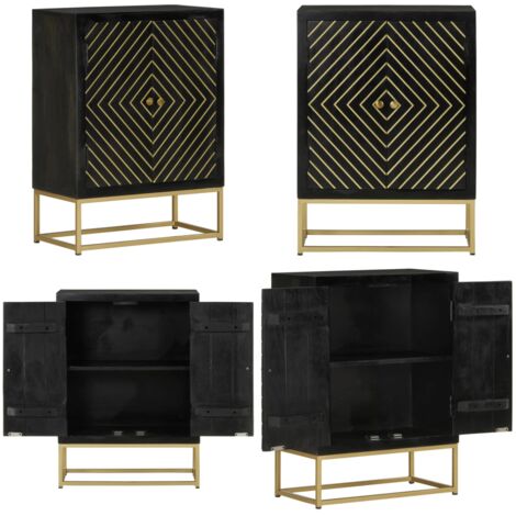 Credenza con 2 Ante Nero e Oro 55x30x75 cm Legno Massello Mango - Credenza con ante - Credenza in mango