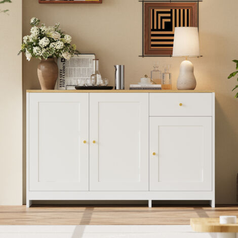 Credenza con 3 ante e 1 cassetto contenitore, naturale e bianco, 120x40x75 cm