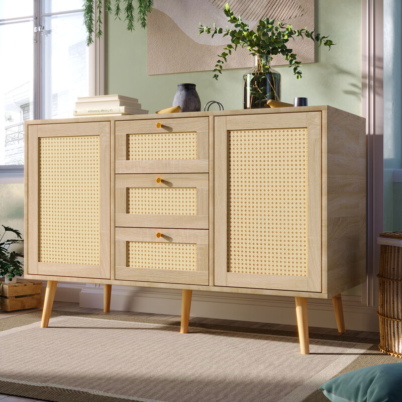 Merax - Credenza con 3 cassetti, 2 ante e ripiani regolabili, frontale in rattan e piedi in legno massello, mobile soggiorno, 120x82x40 cm con ante,