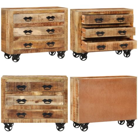 Credenza con 3 Cassetti 80x30x65 cm Legno Grezzo Massello Mango - Credenza con cassetti - Credenza con ruote