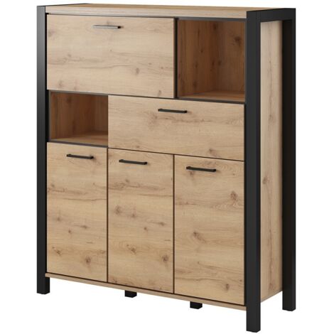 Credenza con 4 porte e 1 cassetto, collezione TIVORA. Colore quercia e nero. LED inclusi.
