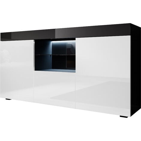 Credenza con LED  Madia Moderna  Mobile soggiorno  Sala da Pranzo  135x73x34cm  Modello Sefora  Nero e Bianco Finitura Lucida