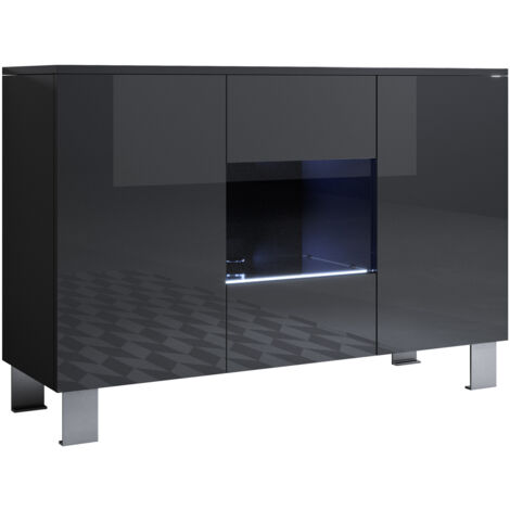 Credenza con piedini 12cm  2 ante  Luce LED  Madia Moderna  Mobile  Sala da Pranzo  120x82x40cm  Modello Luke A2  Nero e Bianco Lucido
