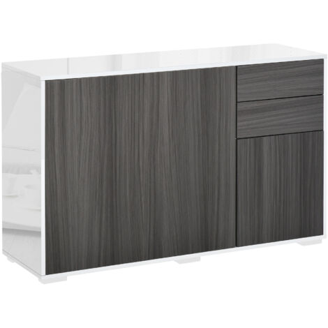 Credenza con struttura lucida, mobiletto laterale con apertura a pressione e 2 cassetti per soggiorno e camera da letto, grigio chiaro e bianco
