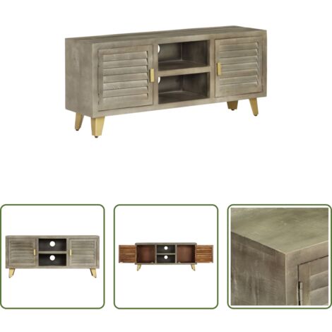 Credenza con TV -  Mobile TV Legno Massello di Mango Grigio e Ottone 110x30x48cm