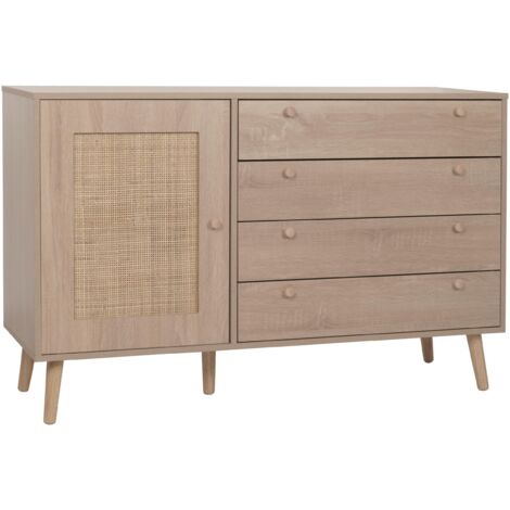 Credenza con vano portaoggetti in legno rattan melaminico kubu, aspetto rovere 040005993