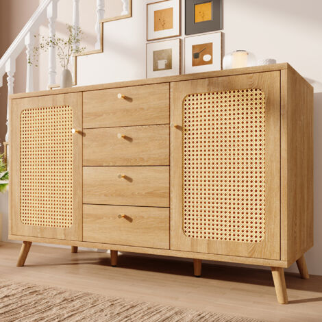 Credenza contenitore, cassettiera con 4 cassetti e 2 ante, mobile contenitore in legno effetto rattan, MDF rovere, 140x40x86 cm