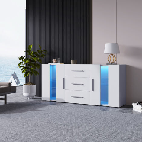 Credenza, credenza, buffet, mobile porta TV, mobile basso, con 16 luci LED colorate, per sala da pranzo, soggiorno, 140 x 35 x 70 cm