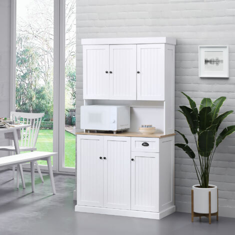 Credenza Cucina Alta con Armadietti, Cassetto e Piano Portamicroonde, Mobile Dispensa Stretto con Ante e Ripiani Regolabili, per Soggiorno, Sala da Pranzo, 101x39x180cm, Bianco