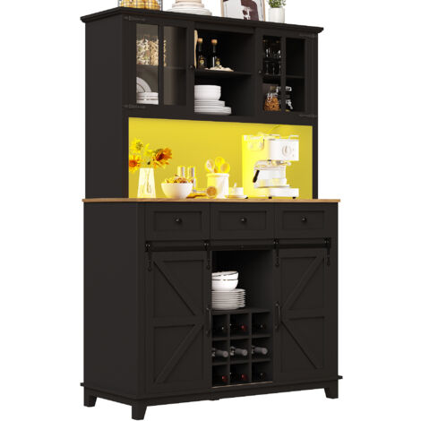 Credenza da Cucina 105x38,4x180 cm, con LED, Inserto Portabottiglie, Ripiani Regolabili, Anti-ribaltamento, MDF, Nero