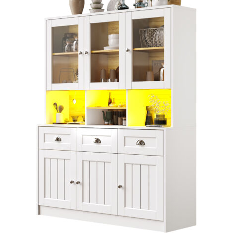 Credenza da Cucina 140x40x175 cm, Mobile Alto Vetrina con Ripiani Regolabili e LED, 6 Ante e 3 Cassetti, MDF, Bianco,