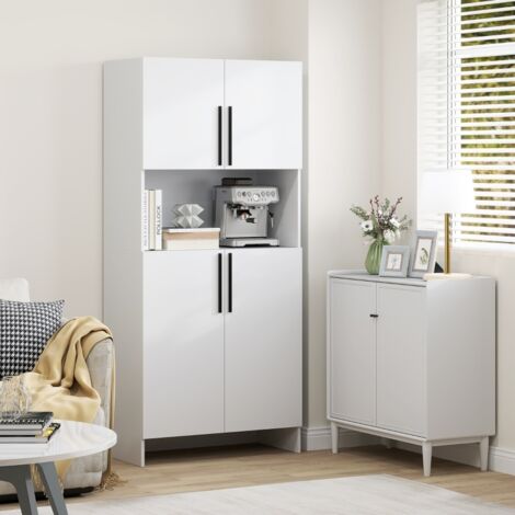 Credenza da cucina - 79x40x175 cm - mobile con armadi, ripiani, ripiano per microonde - pannelli in truciolato, bianco