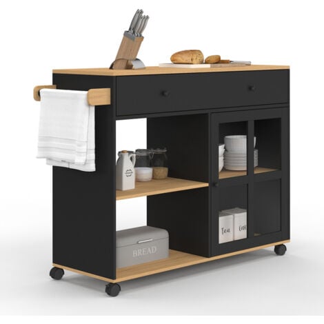IDMARKET Credenza da cucina ACHILLE XXL con ripiano e armadio smaltato nero e legno L. 100 CM