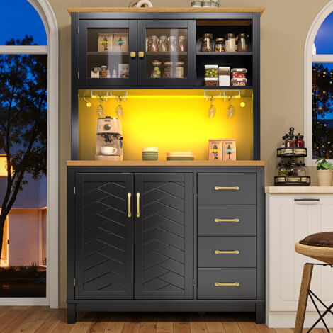 Credenza da cucina alta 105,5x40x180 cm con illuminazione a LED, 4 ante e vano contenitore, stile country, MDF nero
