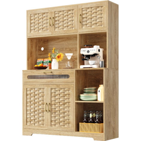 Credenza da Cucina Alta 120x40x180 cm, Buffet con Luci LED, Design Intrecciato, Cassetto e 5 Ante, MDF e Vetro, Naturale