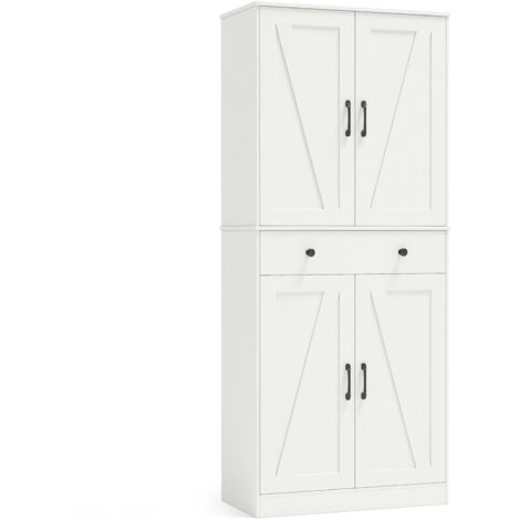 Credenza da cucina alta 182 cm con 4 ante a battente, cassetto, 3 ripiani regolabili, 2 kit antiribaltamento per soggiorno, sala da pranzo, bianco