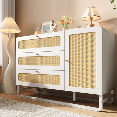 Credenza da cucina con 1 anta e 3 cassetti, cassettiera, mobile contenitore per ingresso/soggiorno, rattan intrecciato, 120x85x40 cm, MDF, bianco