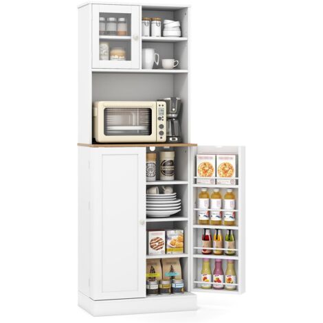 Credenza da cucina con ripiano per microonde, 8 ripiani con anta e 5 ripiani regolabili, anta in vetro e ripiano aperto, 60 x 35 x 170 cm