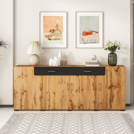 Credenza da cucina, credenza da soggiorno con 4 ante e 2 cassetti, marrone, 208 x 39,5 x 80 cm