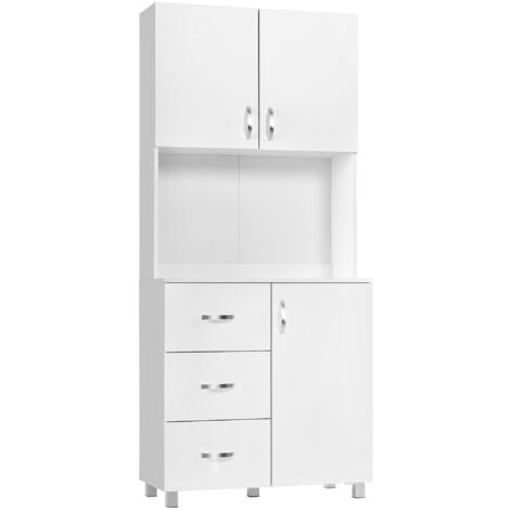 Credenza da Cucina e Soggiorno, Credenza Moderna  Bianco, 2 Armadietti, Mensole Regolabili, 1 Ripiano Aperto e 3 Cassetti, 80x39.5x183.5cm