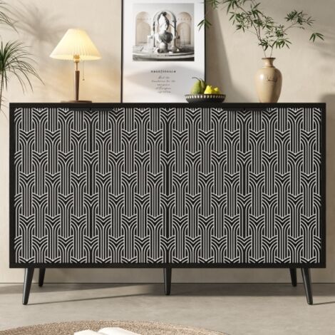 Credenza da cucina nera con ante intagliate a spina di pesce, maniglie e gambe in metallo, per soggiorno, camera da letto, cucina