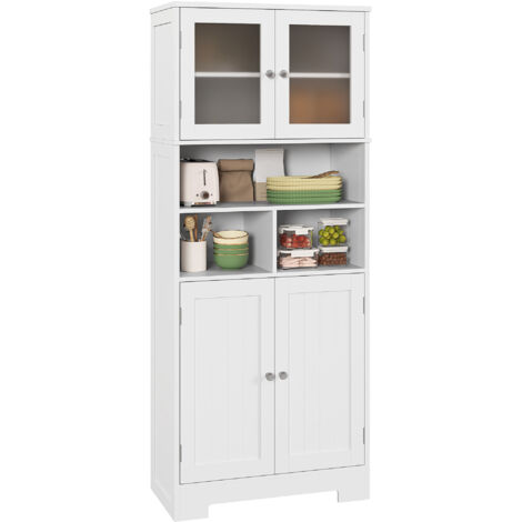 Credenza de cuisine blanche avec 2 armoires vitrées et 3 compartiments ouverts 60x30x145.5 cm