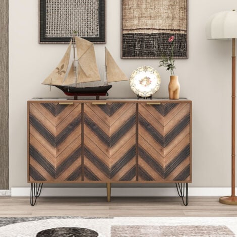 OKWISH Credenza, Esclusiva credenza a tre ante, con dettagli eleganti e generoso spazio contenitivo. Anta impiallacciata in legno massello, sensazione concava e convessa. Contiene laminati. Credenza con G do