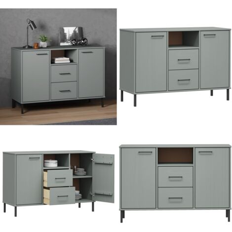 Credenza Gambe Metallo Grigio 113x40x77 cm Legno Massello OSLO - Credenza industriale - Credenza con cassetti