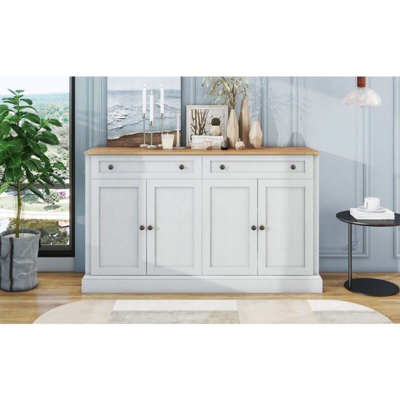 Credenza grande con 4 ante e 2 cassetti, credenza moderna per sala da pranzo e soggiorno, 150 x 86 x 40 cm (L/L/H) - (bianco antico + legno naturale)