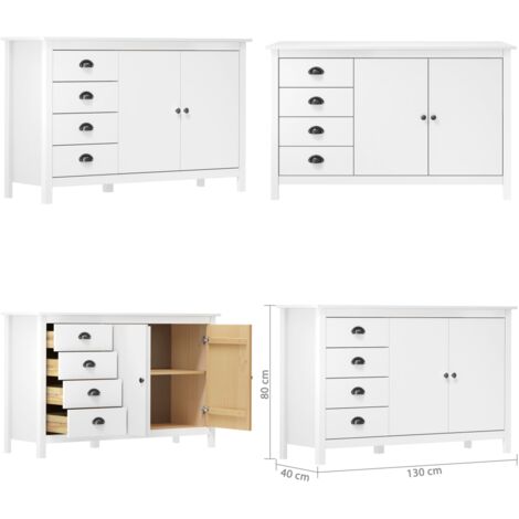 Credenza Hill Bianca 130x40x80 cm in Legno Massello di Pino - Armadietto in legno - Cassettiera in legno