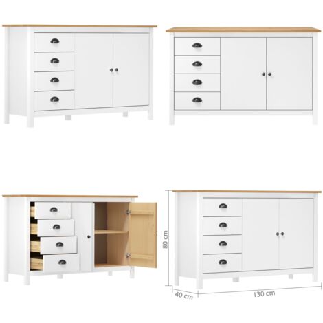 Credenza Hill Bianca 130x40x80 cm in Legno Massello di Pino - Armadietto in legno - Cassettiera in legno
