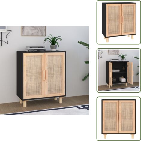 Credenza in legno massello - vidaXL Credenza Nera 60x30x70 cm Legno Massello Pino e Rattan Naturale - Credenza per stanza
