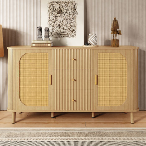 Credenza in rattan con 3 cassetti e 2 ante, gambe in legno, ampio spazio contenitivo, stile country, 140x40x80 cm, naturale