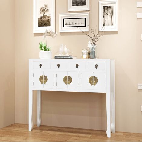 Credenza in Stile Cinese in Legno Massello 95x24x91 cm con cassetti e Ante Bianca