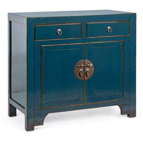 Credenza "Jinan", struttura in legno di olmo riciclato, con finitura lucida, maniglie in rame -2 Ante - 2 Cassetti / Blu