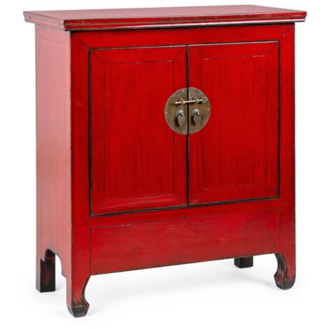 Credenza "Jinan", struttura in legno di olmo riciclato, con finitura lucida, maniglie in rame -2 Ante / Rosso