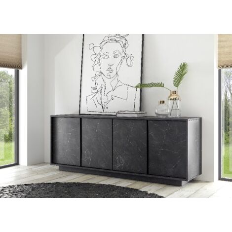Credenza madia design moderno 4 ante effetto marmo 180x43x79cm Athens - Nero