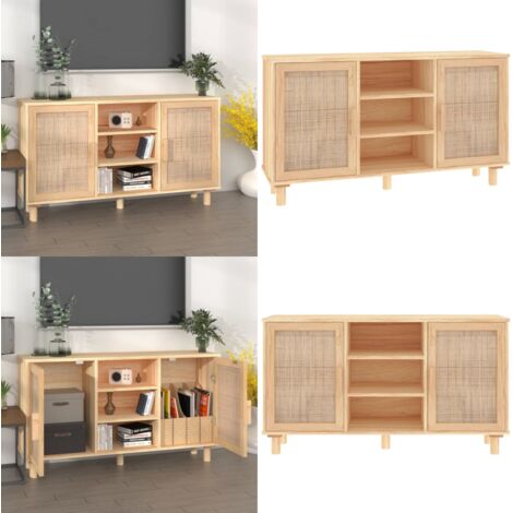 Credenza Marrone 105x30x60cm Massello di Pino e Rattan Naturale - Credenza in legno - Credenza con ante