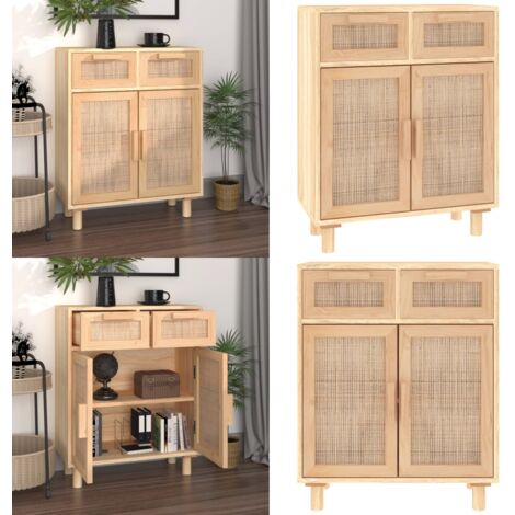 Credenza Marrone 60x30x75cm Legno Massello Pino Rattan Naturale - Credenza marrone - Credenza con cassetti